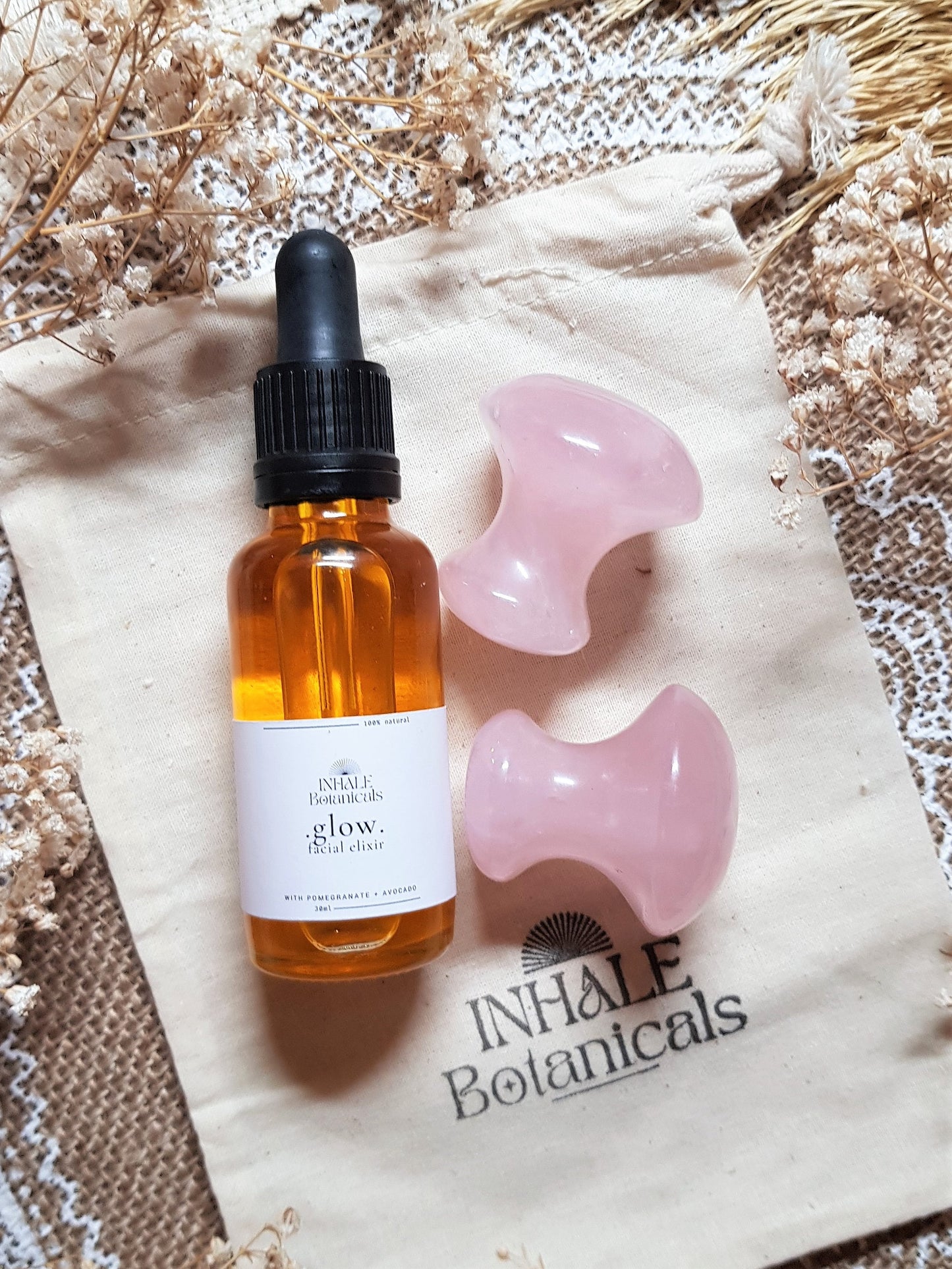 Glow Facial Elixir, Gua Sha Mushroom gift set.