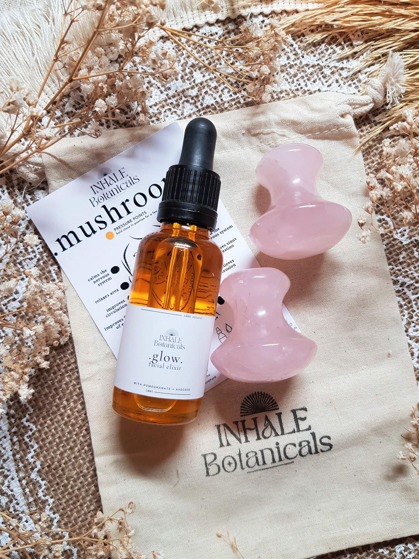 Glow Facial Elixir, Gua Sha Mushroom gift set.